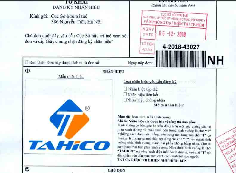 Đăng ký nhãn hiệu TAHICO với cục sở hữu trí tuệ